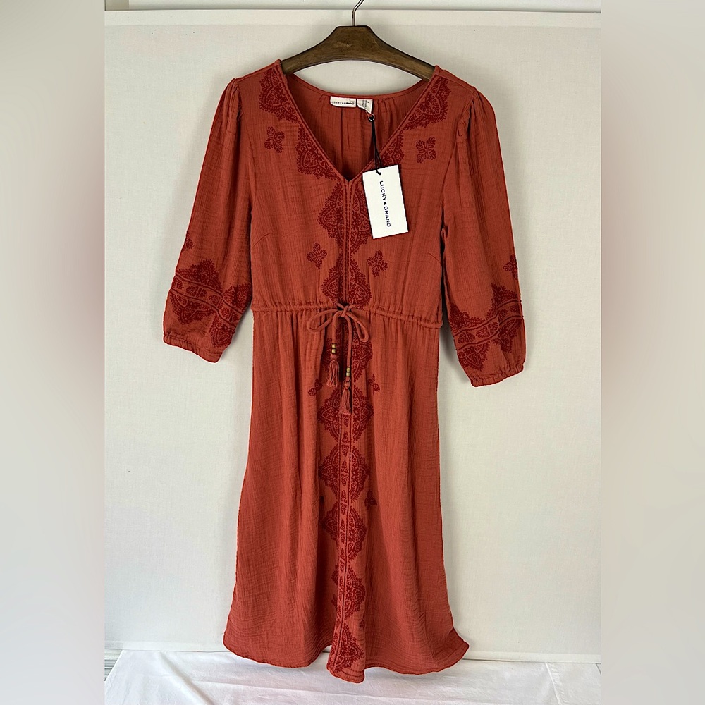 Lucky Brand Burnt Orange Embroidered Midi-Short Dress With Gauze Waist Tie